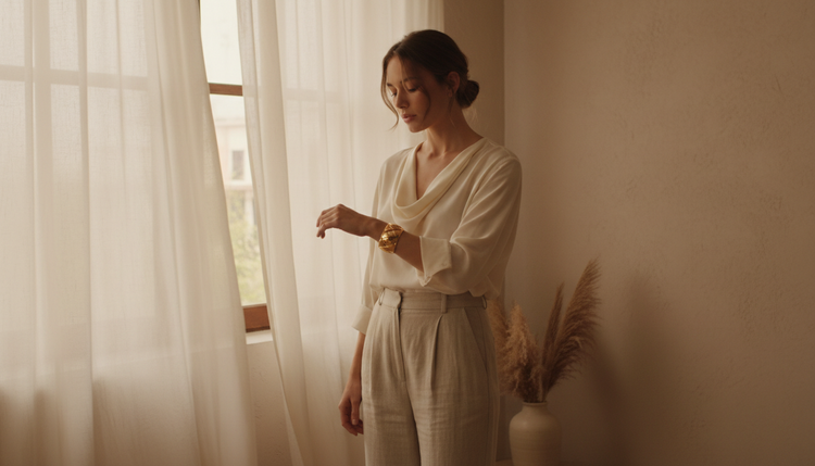 Model wearing a gold-tone bangle