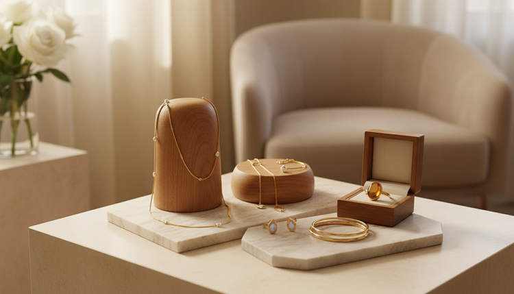 Gold-tone necklaces, earrings and bangles on display